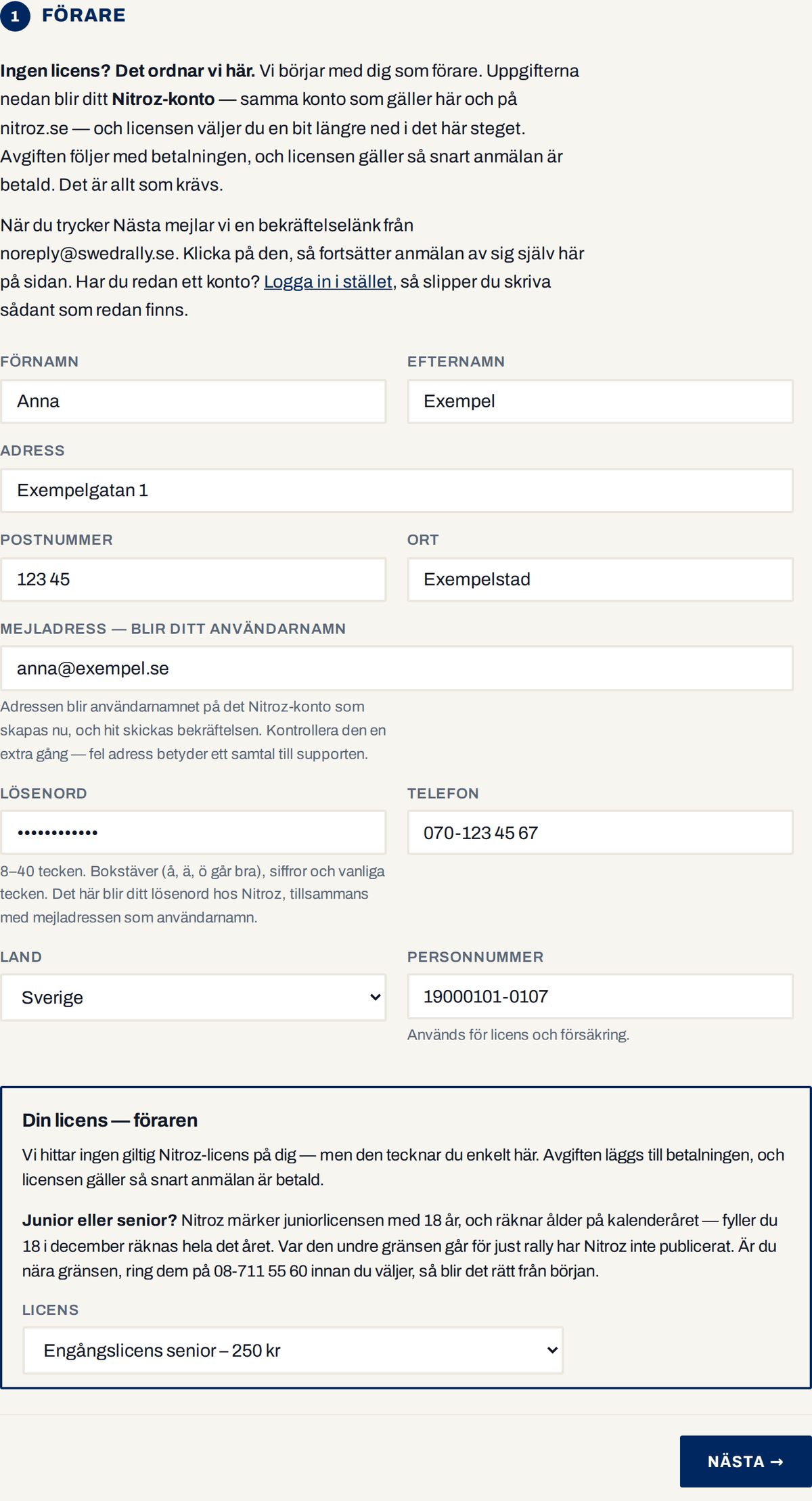 Skärmdump: Fyll i dina uppgifter