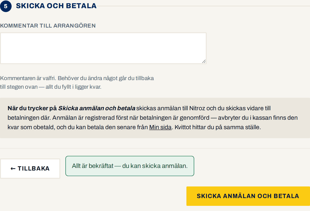 Skärmdump: Skicka anmälan och betala